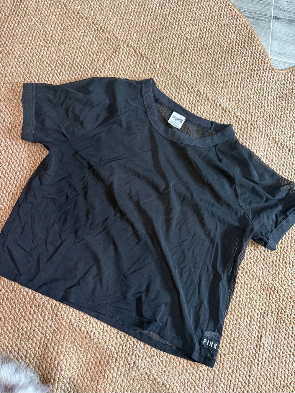 PINK Victoria's Secret Black Short Sleeve Crop Tee with Lace Side Insets